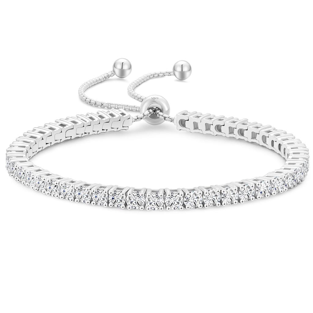 KRKC&CO Adjustable Tennis Bracelet in S925 Sterling Silver with 2mm Cubic Zirconia and Platinum Plated, Perfect for Women, Gift Box Included, Hypoalle
