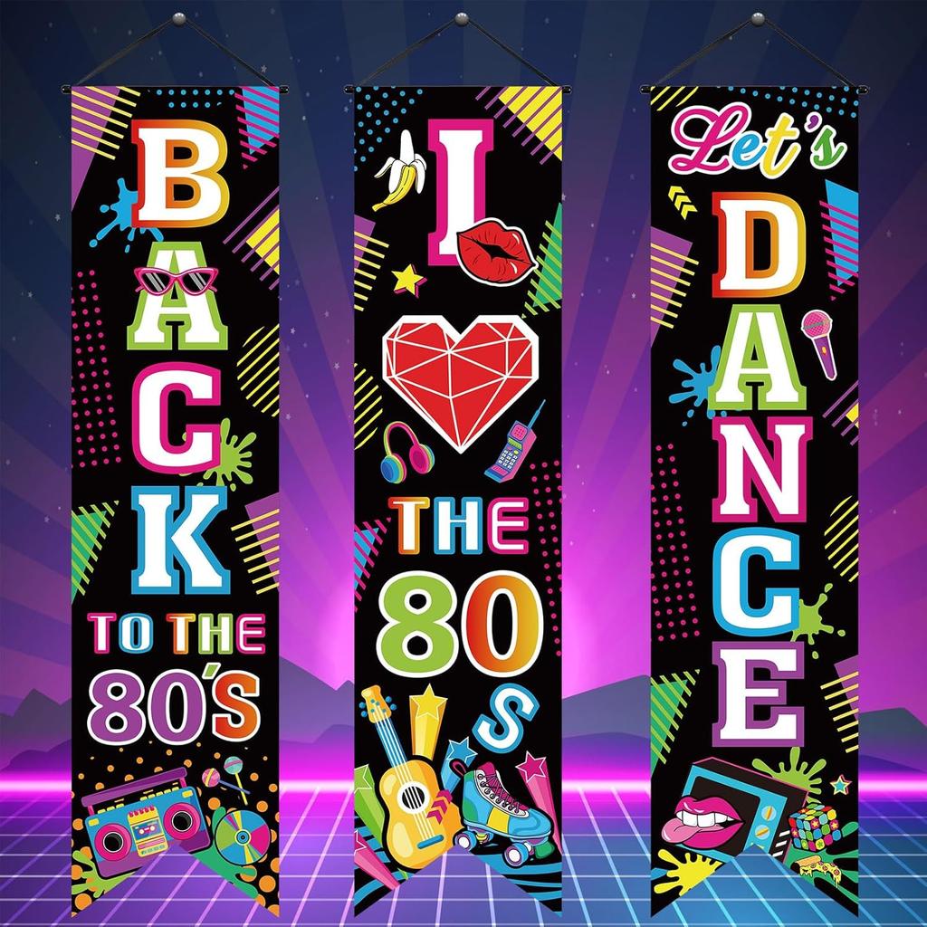 3 Pieces 80's Party Decorations Back To The 1980 Banners I Love 80s Porch Signs Hanging Backdrops for Home Bar Retro Theme Hip Hop Rock Disco