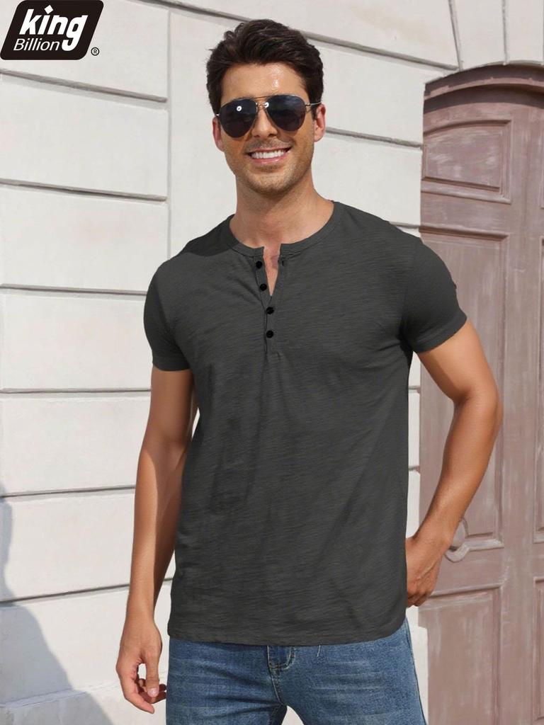 Men's Cotton T-shirt Fashion Button Design Breathable Solid Color Short-sleeved Henley Neck Tops Slim Fit Cozy Male Casual Tees