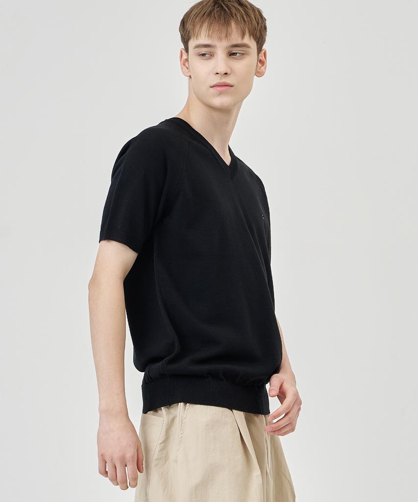 THE-ABON Arm Warmer V-Neck Short-Sleeve Knit Tee Gray