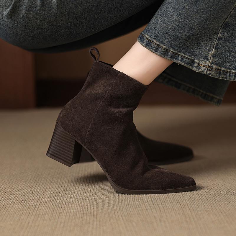Krazing Pot Cow Suede Nubuck Winter Round Toe Chunky Heels Fashion Boots Women Zipper Retro Elegant Women Ankle Boots