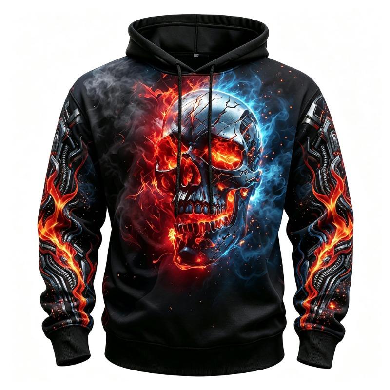 Erkekler İçin Ateşli Kuzgun Alev Tüyü Duman Gotik Tam Baskılı Kapüşonlu Uzun Kollu Büzgülü Sweatshirt Cadılar Bayramı Sokak Giyimi
