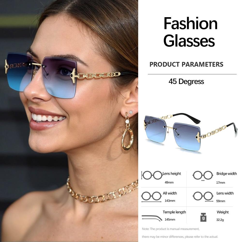 Frameless Chain Decor Square Sunglasses Women Light Transparent Design Daily Commuting Fashion Accessories