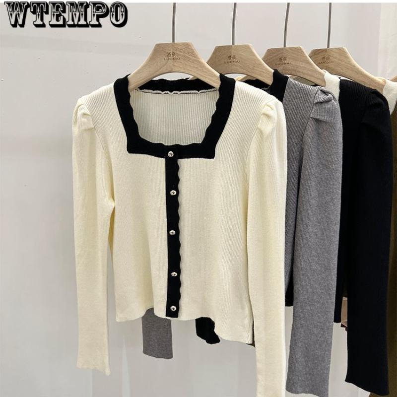 Women spring autumn vintage Long Sleeve Jumper Spliced Square Neck Soft Comfortable Slim Button Decoration Front Knit Sweater