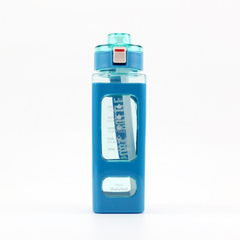 Square Plastic Water Bottle With Handle, Modern Simple Style, Portable Sports Bottle With Straw, 700ml