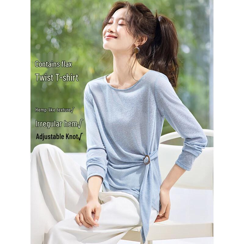 

Women s Linen Blend Adjustable Tie-Front Long Sleeve T-Shirt M