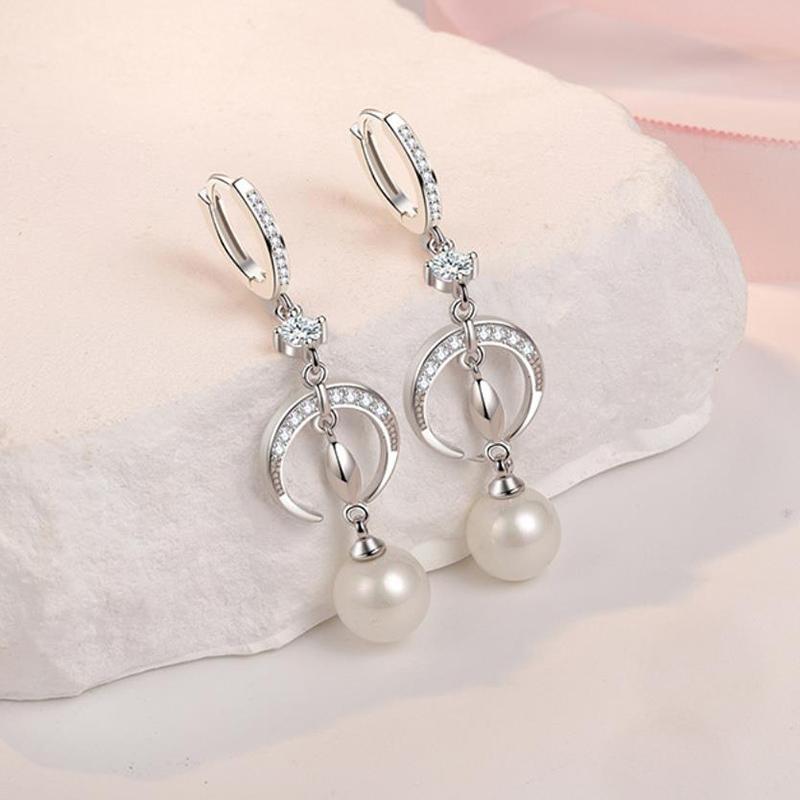 European and American Zircon Earrings Luxurious Shiny 925 Silver Crescent Moon Ear Buckle Women's Elegant Pearl Earring KOFSAC