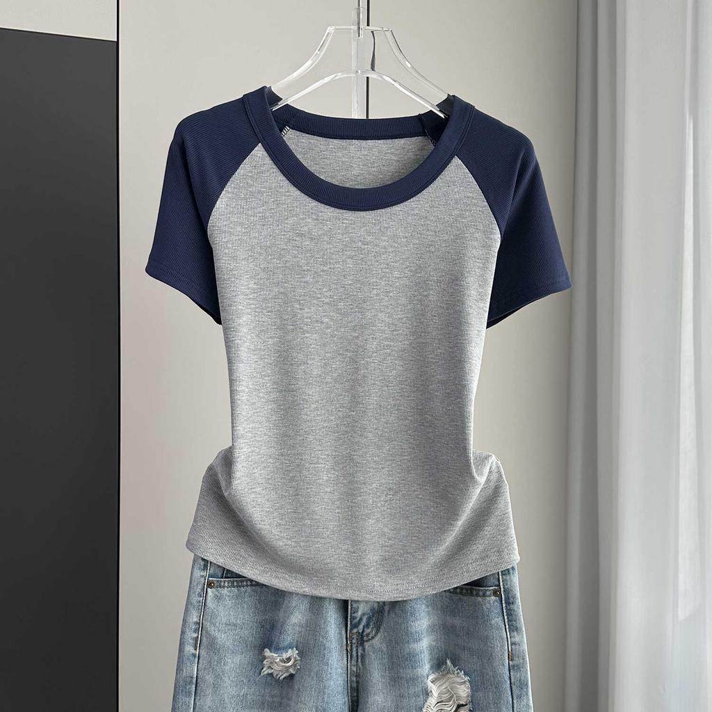 Raglan Short Sleeve Color Block T-Shirt Plus Size Loose Slim Crop Top For Summer Versatile Breathable Soft Material Flattering Slim Women Top