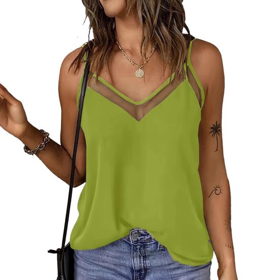 Women Tops Sling Spaghetti Straps V-Neck Mesh Splicing Loose Drape Cut Vest Soft Fabric Summer Casual Tank Tops
