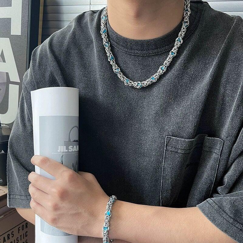Sapphire Inlaid Titanium Steel Necklace Male Niche Design Hip Hop Thick Chain Collarbone Chain Couple Accessories