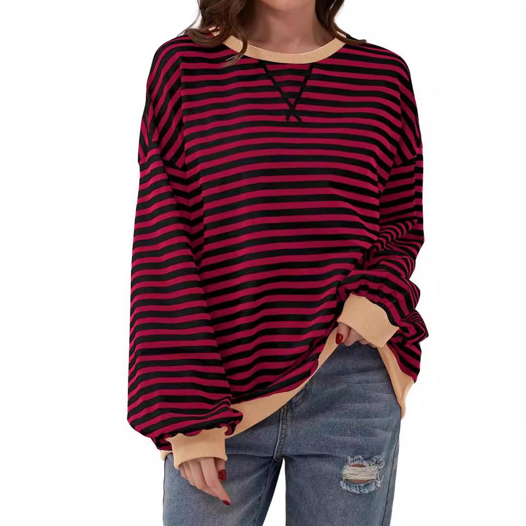 Women's T-shirt Bottoming Shirt Spring Simple Home Casual New Striped Pattern Round Neck Trend Long-sleeved Pullover Color Matching T-shirt