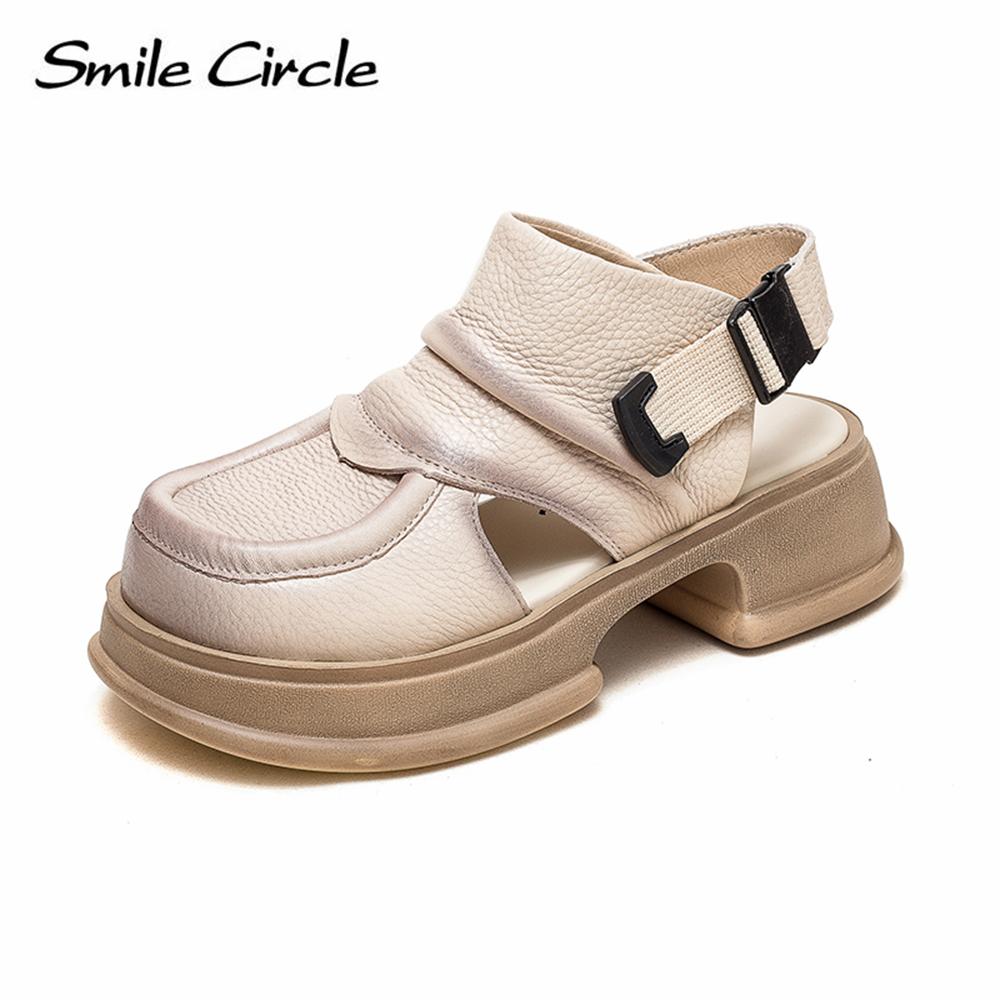 

Толстые женские сандалии из натуральной кожи, повседневная обувь с круглым носком и пряжкой, модная повседневная обувь на толстой подошве 35 бежевый