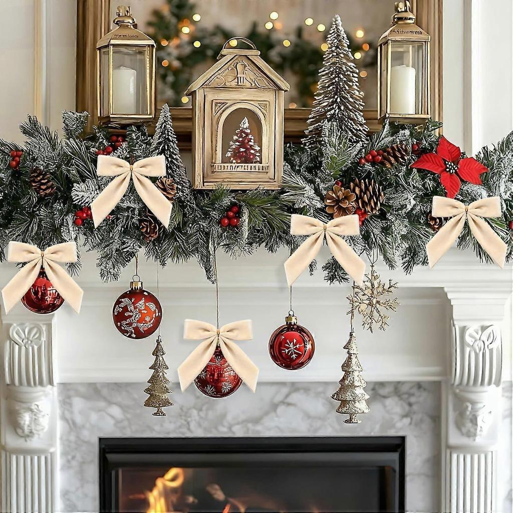 24 Pcs Velvet Christmas Bows for Christmas Tree, Garland, Gift Wrapping, Party, Twist Tie Bows for Home Holiday Decor (Width 2.5 cm, 8.9 x 8.9 cm, Bei
