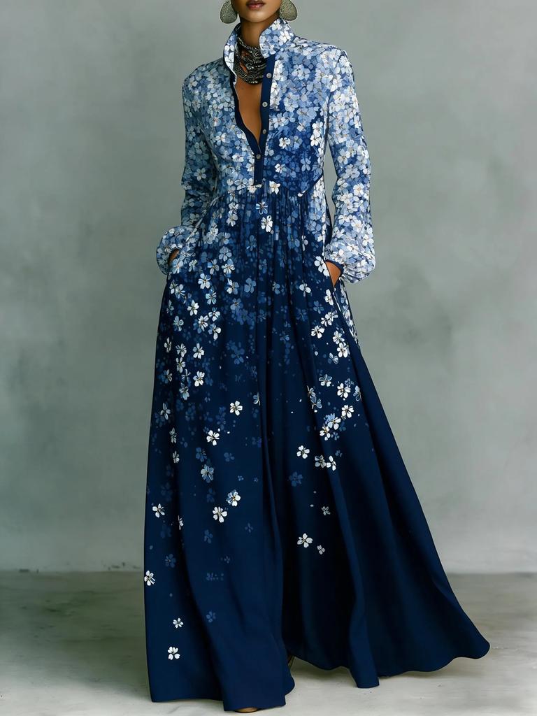 Cross-border European and American French Waist Slim Long-sleeved Printed Dress Elegant Retro Casual Dress Resort Style Women's Clothing