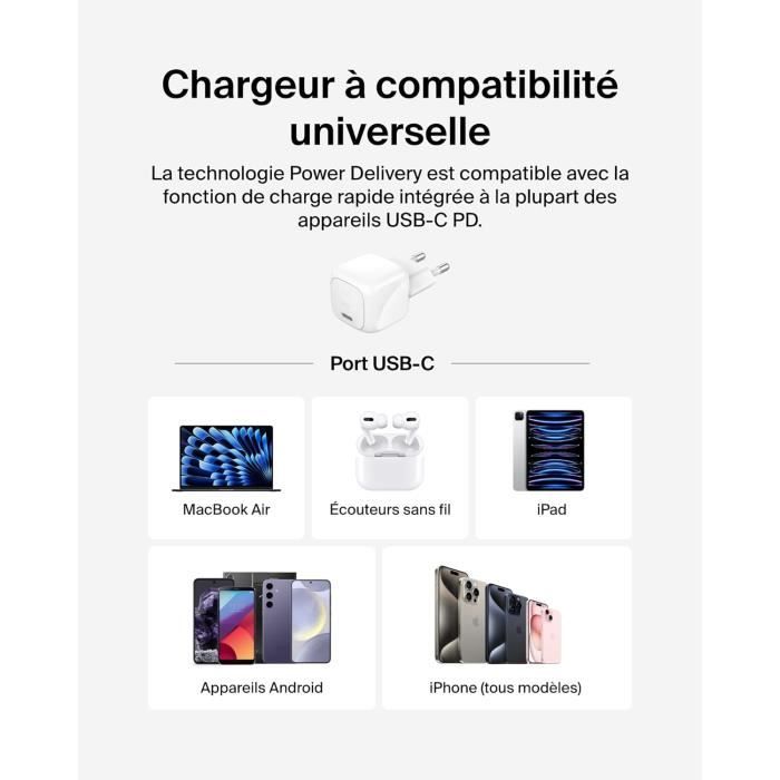 Chargeur - Belkin - BoostCharge - 30 W - USB-C Power Delivery - Recharge Rapide