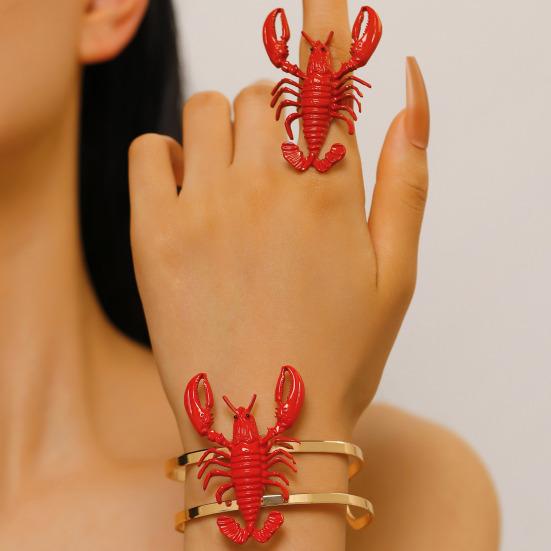2Pcs Women Bracelet Ring 3D Simulated Crayfish Decor Bracelet Opening Adjustable Finger Band Jewelry Gift