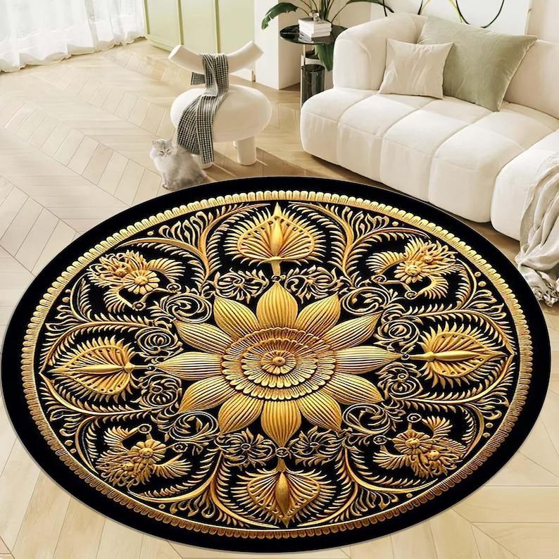 Gold Sun Mandala Round Rug, Black Gold Bohemian Luxury Carpet, Artistic Floor Mat for Home Decor, Meditation Yoga Rug