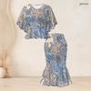 Women Plus Size Two Piece Set Round Neck Batwing Sleeve Ruffle Hem Top Black Gold Printed Fishtail Skirt