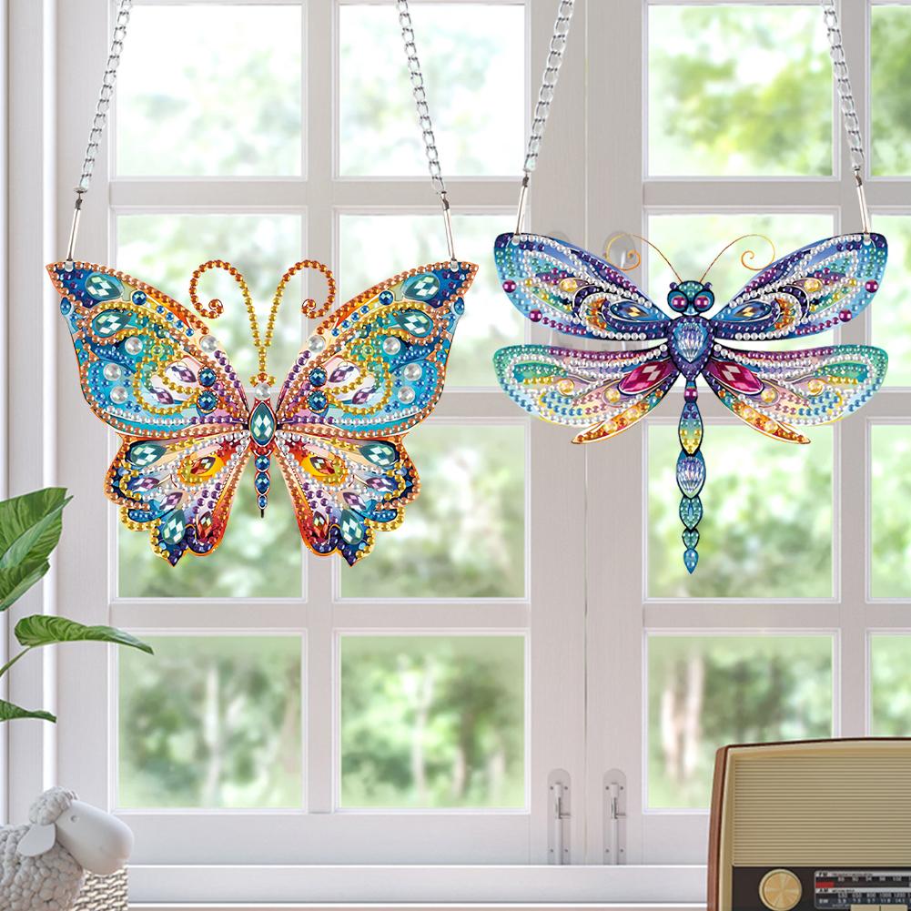 2pcs 2D Flat DIY Rhinestone Diamond Art Window Pendants Special Shape Diamond Painting Set Window Hanging Art for Home Decor