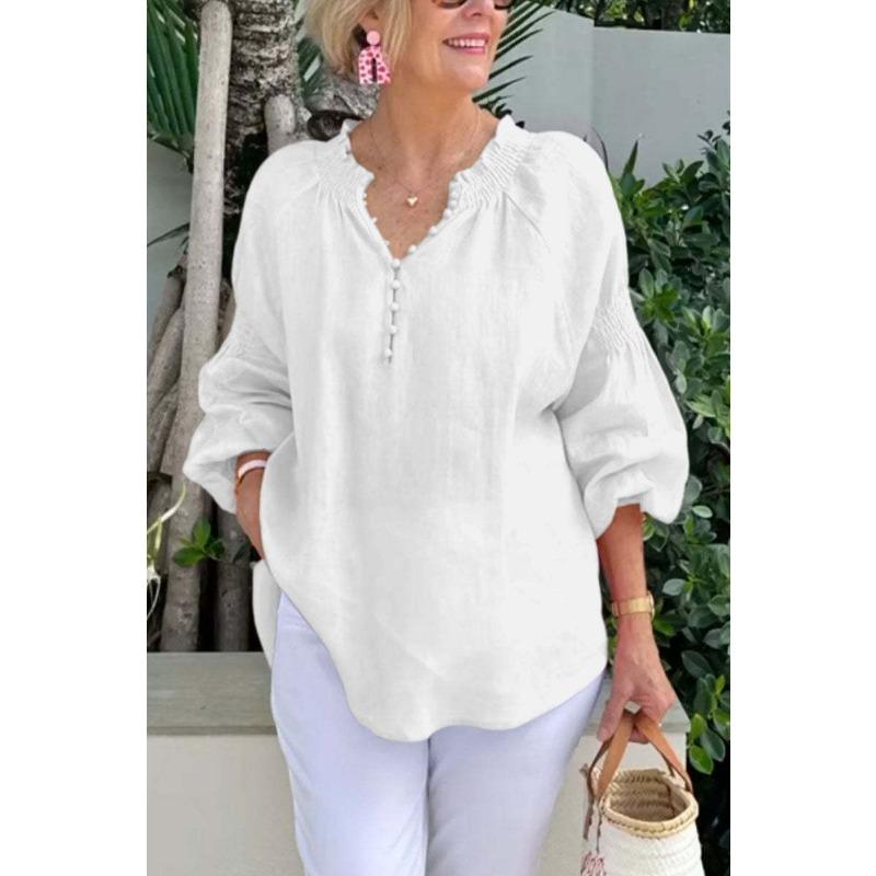 Womens Linen V Neck Pom Pom Detail Lantern Sleeve Blouse Casual Loose Top
