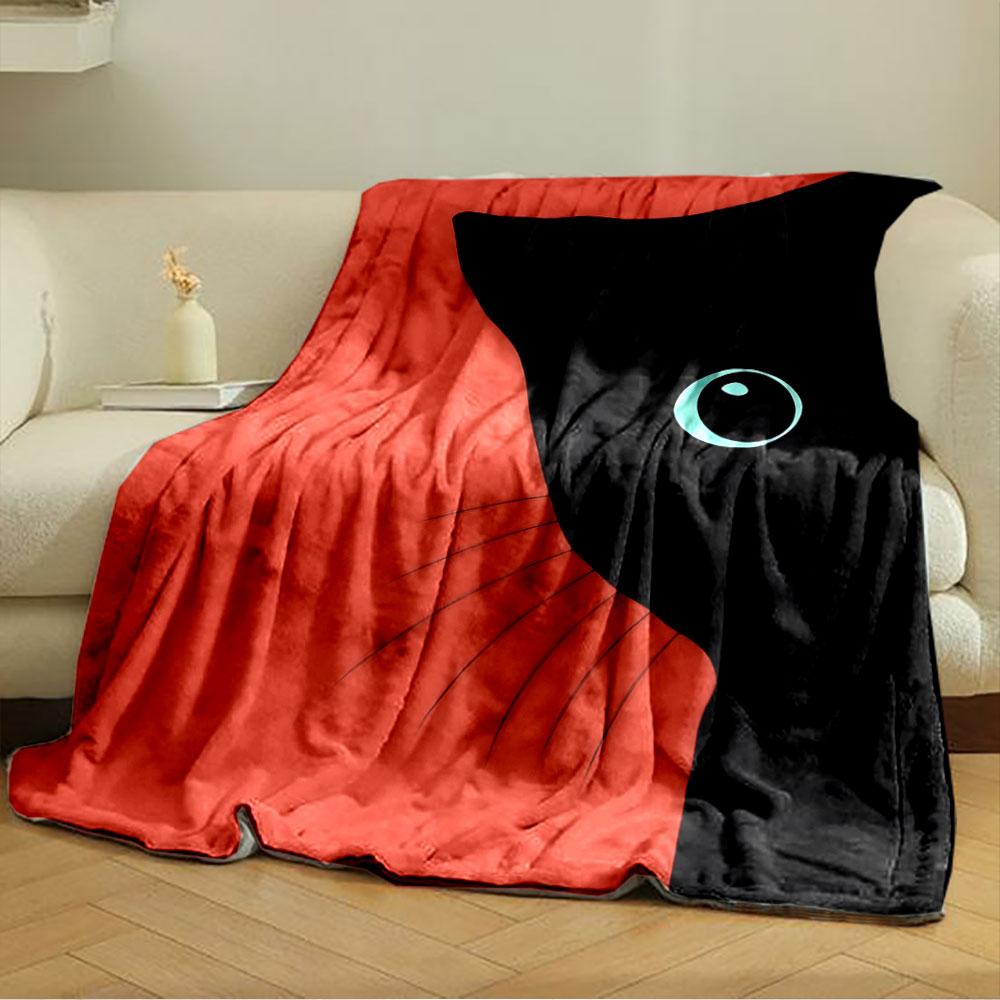 Black cat silhouette with teal eye and whiskers on a red background. for all seasons blanket lunch break throw gift