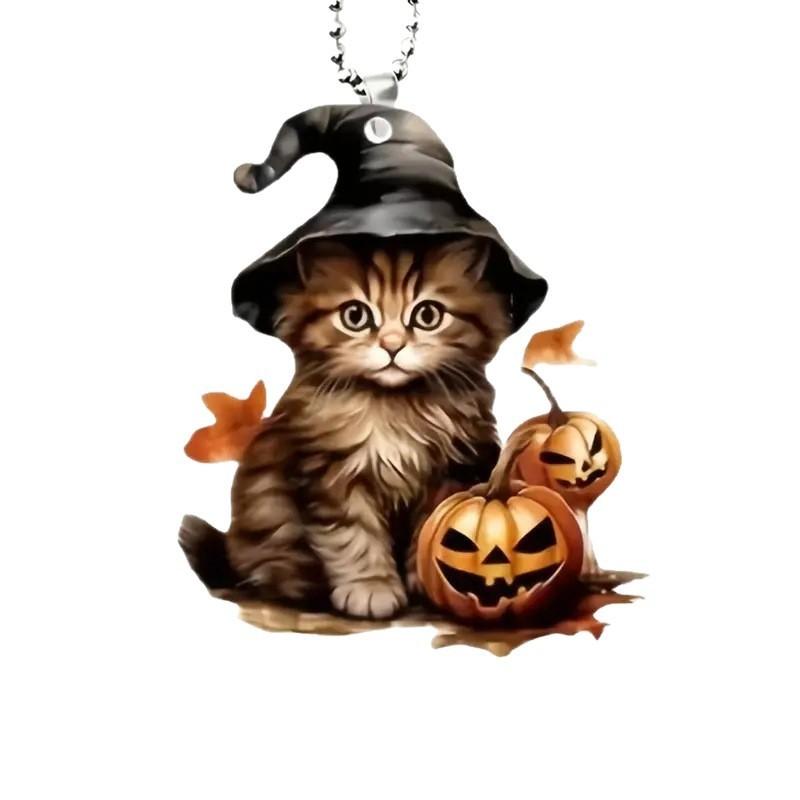 

Поверхностный акриловый плоский подвес с дизайном кошки в шляпе ведьмы и тыквы на Хэллоуин для