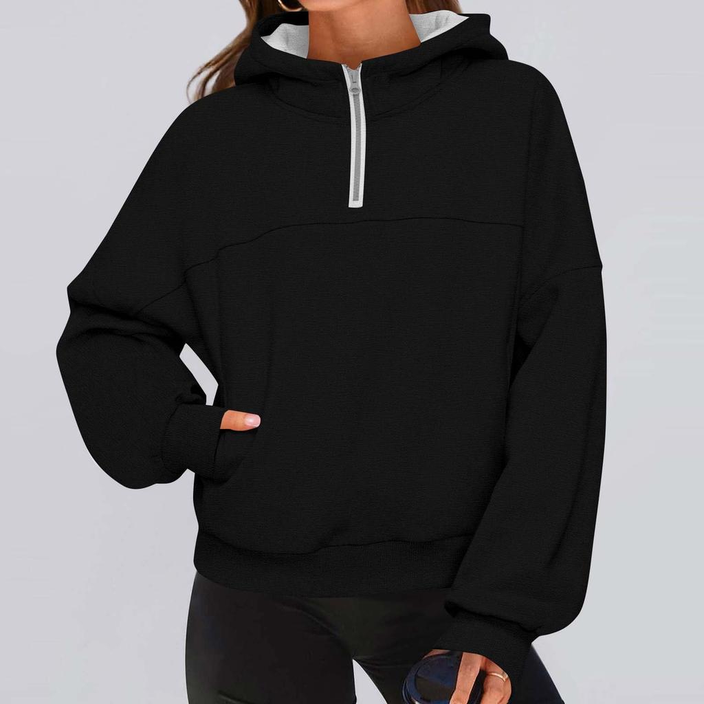 Women's Fashionable Solid Color Hooded Long Sleeved Sports Casual Pullover Sweatshirt Top