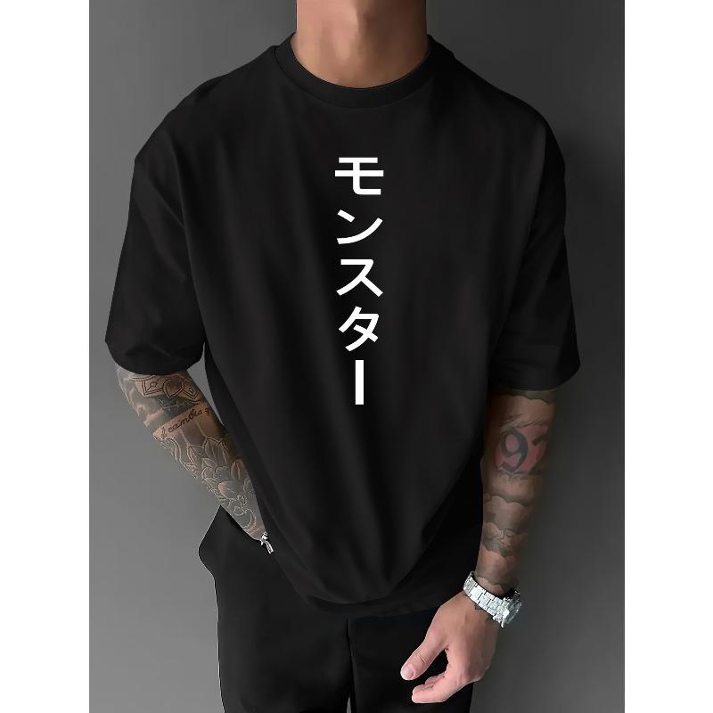 European sizes Street Style Minimalist Vertical Japanese Font Printed T-shirt S чёрный