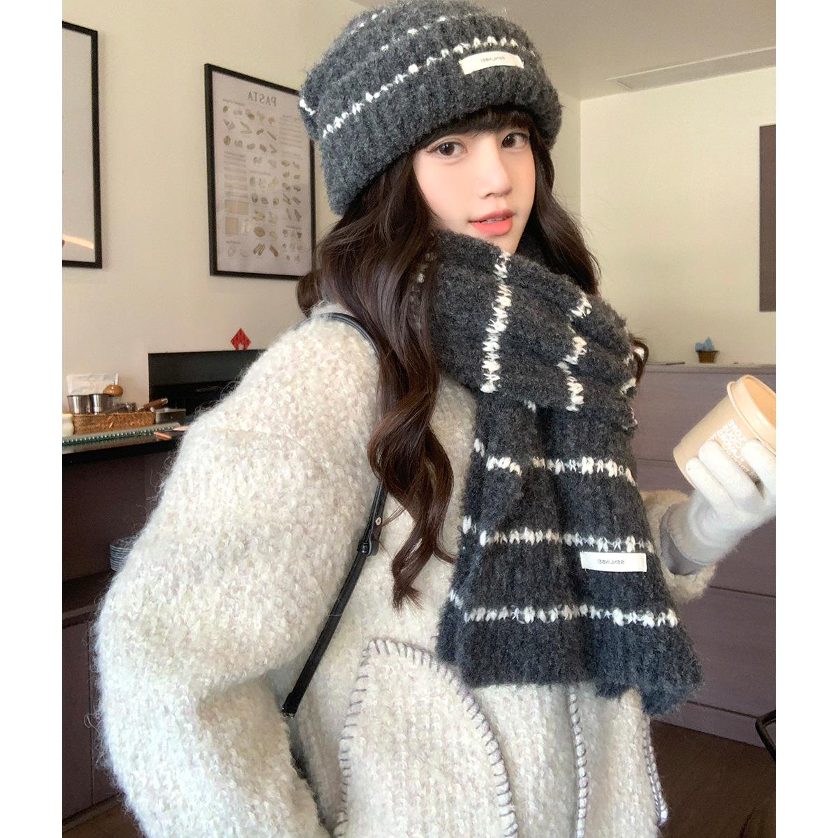 Korean Style Women s Thick Velvet Wool Blend Striped Knit Scarf - Multi-flower Design
