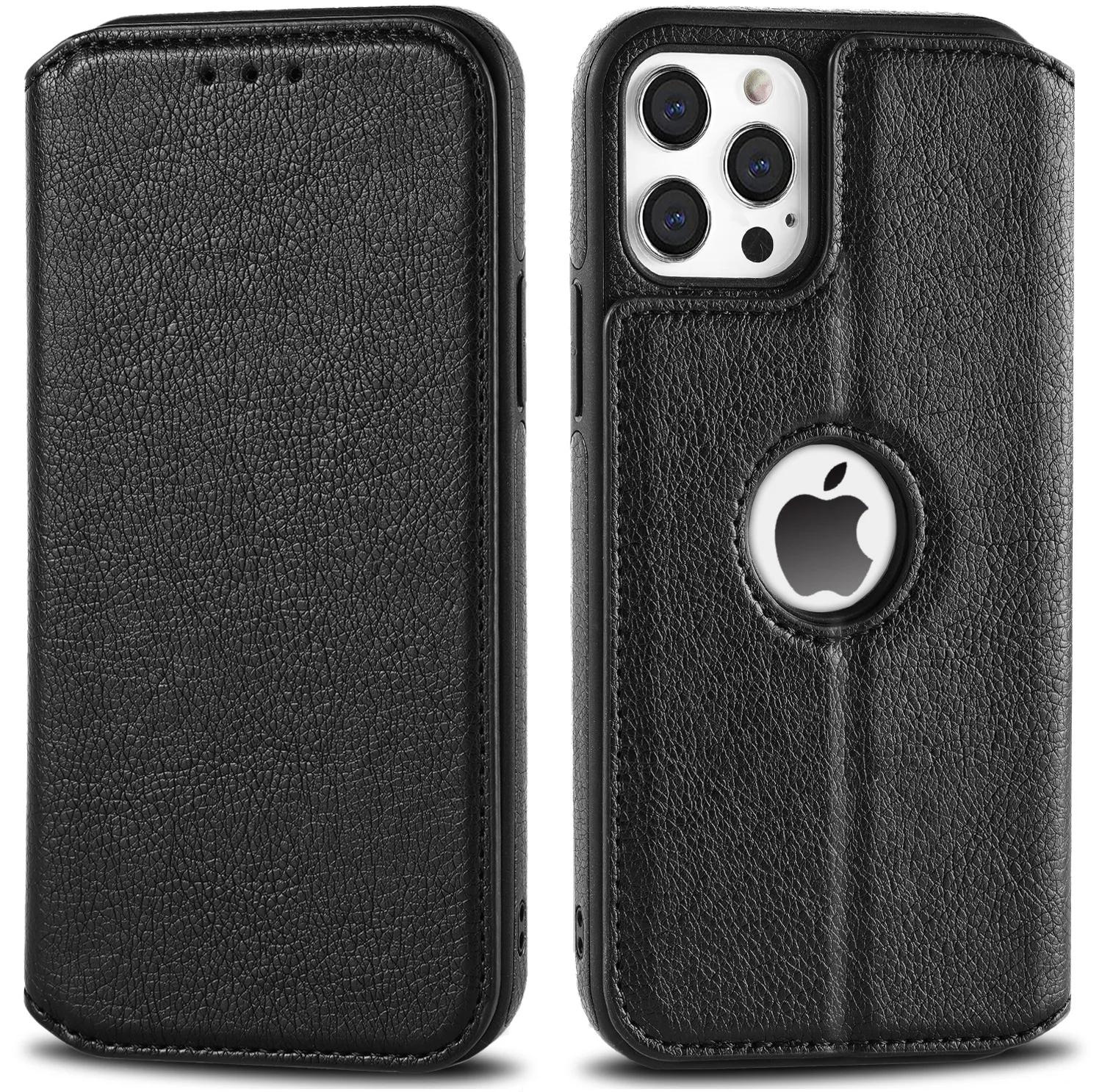 

Кожаный чехол-бумажник для iPhone 16 15 14 13 12 11 Pro Max XS XR [Блокировка RFID] Тонкая магнитная книжка с держателем для карт For iPhone XR чёрный