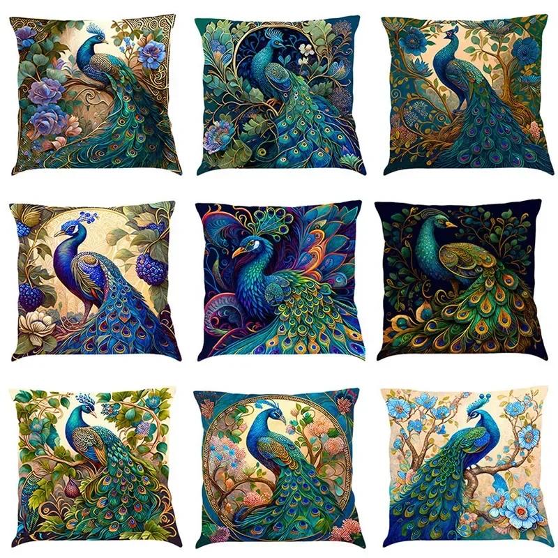 Polštářový povlak v severském stylu s olejomalbou páva 45x45cm Bavlněný lněný povlak na polštář na pohovku, Povlak na polštář pro domácí dekoraci
