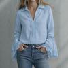 Women's V Neck Lace Sleeve Blouse Ruffle Cuff Loose Fit Shirt