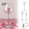 Bicchieri di Lusso per Feste Bicchiere da Vino Rosso con Rose e Foglie Verdi Decorato, Calice Trasparente Squisito Design Floreale, Bicchiere Decorativo,