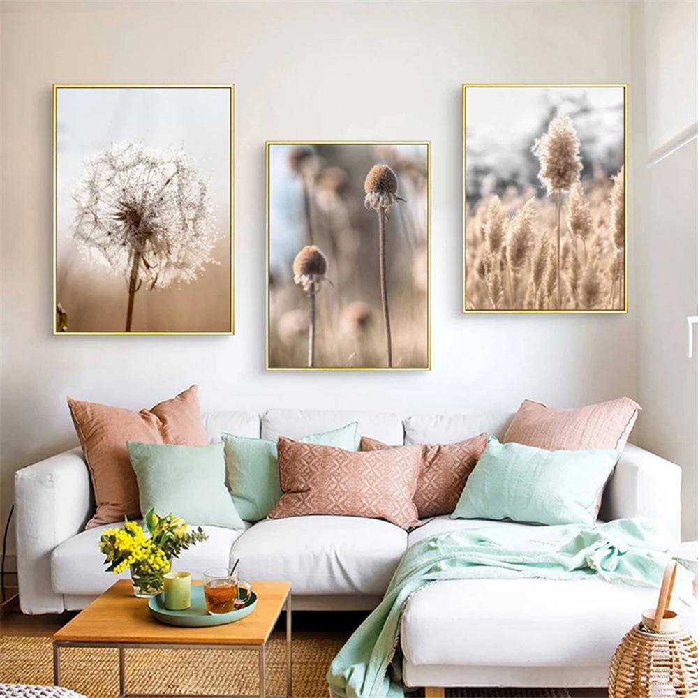 Beige Natural Wall Art Canvas Poster Print Reed Dandelion Grass Cow Canvas Painting Wall Pictures for Living Room Decorative Art