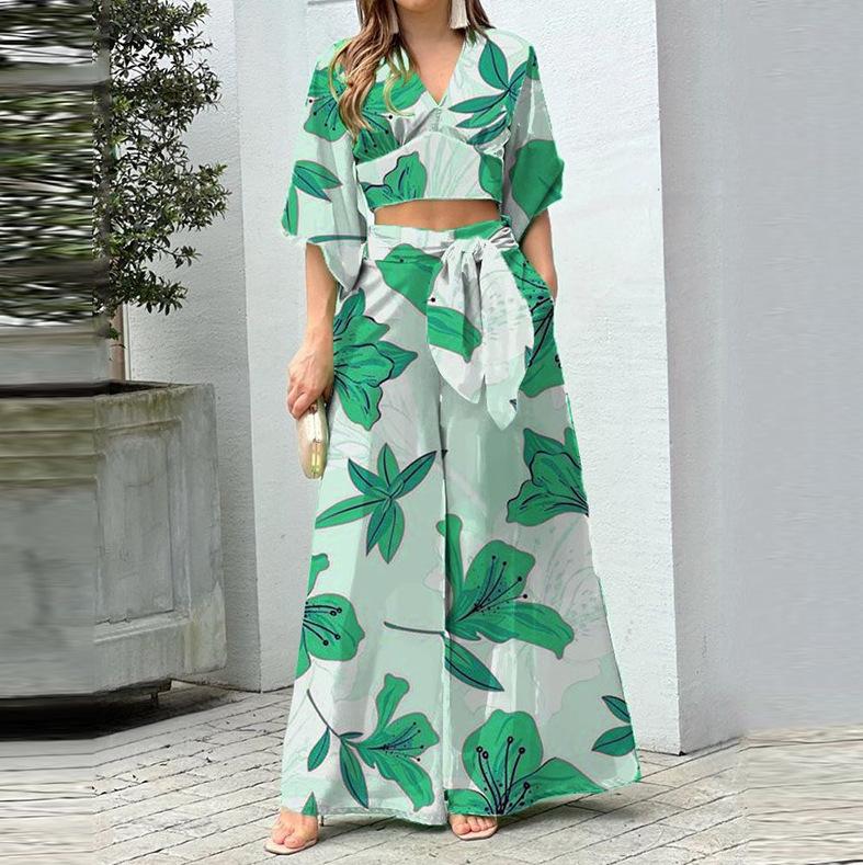 European and American women's clothing, new spring models, fashionable flower printing slim-fitting wide-leg trousers set