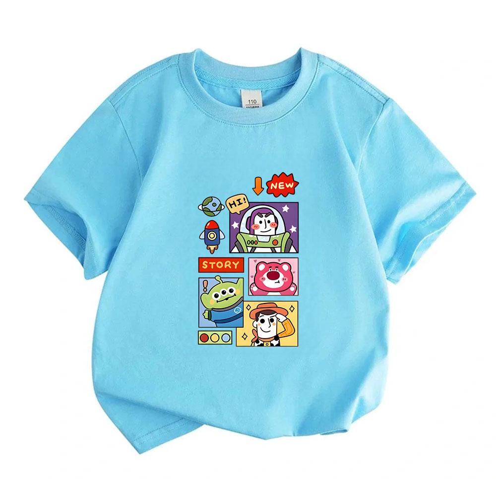 Kids Boys Girls Crew Neck Short Sleeve 100% Cotton T-Shirt Cute Cartoon Space Toy Characters Print Casual Soft Breathable Tees Tops for Children Daily