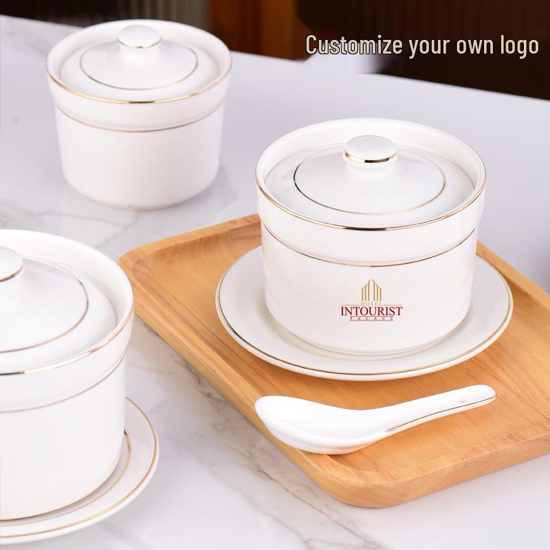 Commercial Ceramic Double Boiler Stew Pot with Lid - Single-Serve Egg Custard & Dessert Cup for Home or Restaurant Use