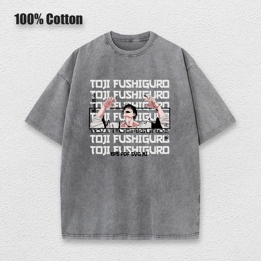 Men Fashion Streetwear Washed Black T-Shirt Japanese Anime Graphic Print T Shirt Summer Cotton Oversized Tops Tees