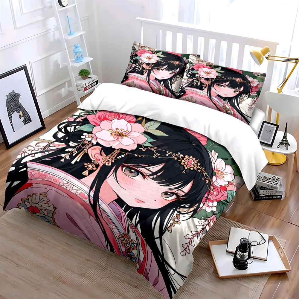 Elegant ancient-style girl with floral ornaments Print Bedding Set 1Duvet Cover 2Pillowcases for Adult and Children Luxury Gift