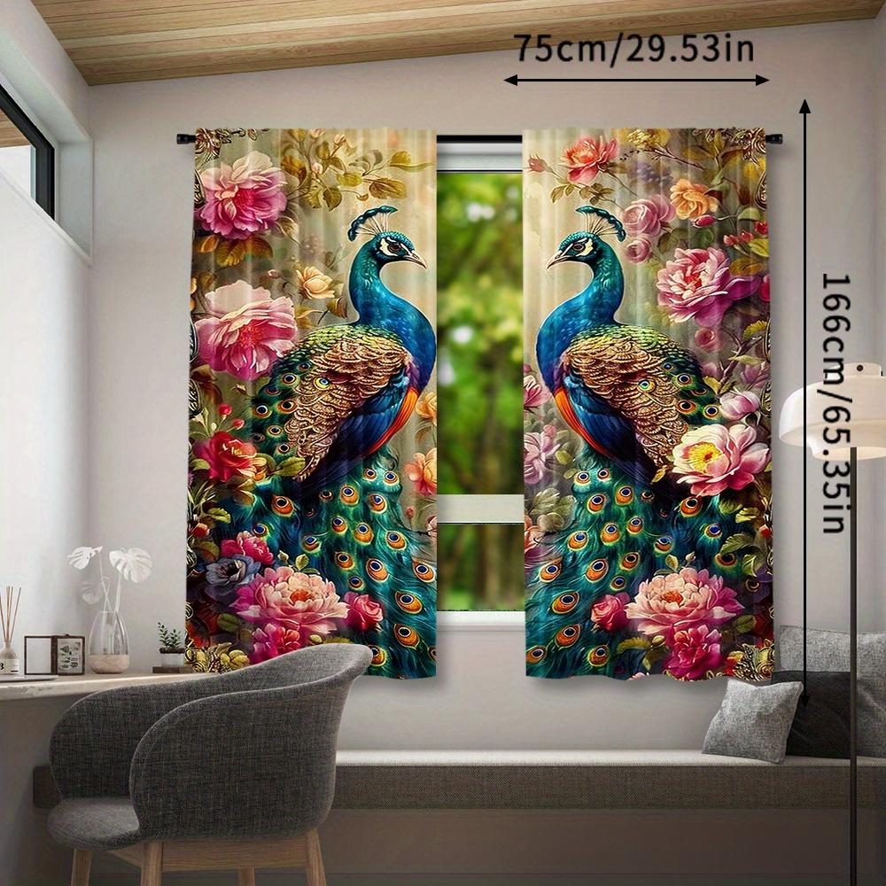 2Pcs Polyester Retro Peacock Floral Printing Window Curtains Birthday Party Decoration Backdrop Drapes for Living Room
