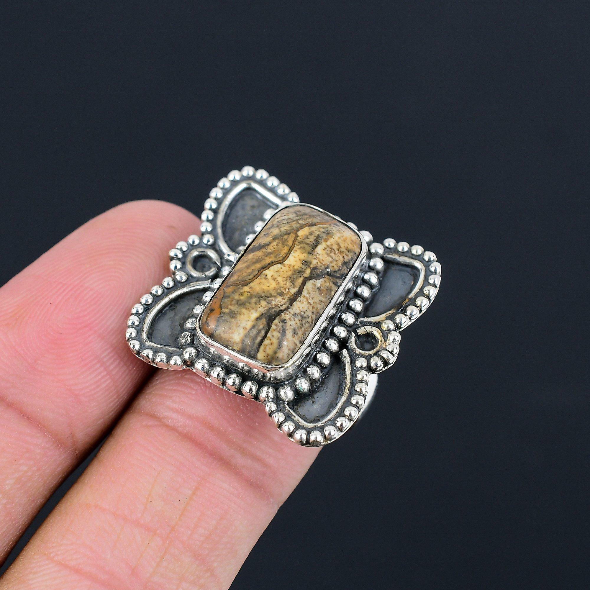 Mothers day Deal Radiant Picture Jasper Stone 925 Sterling Silver Ring Size 8 8