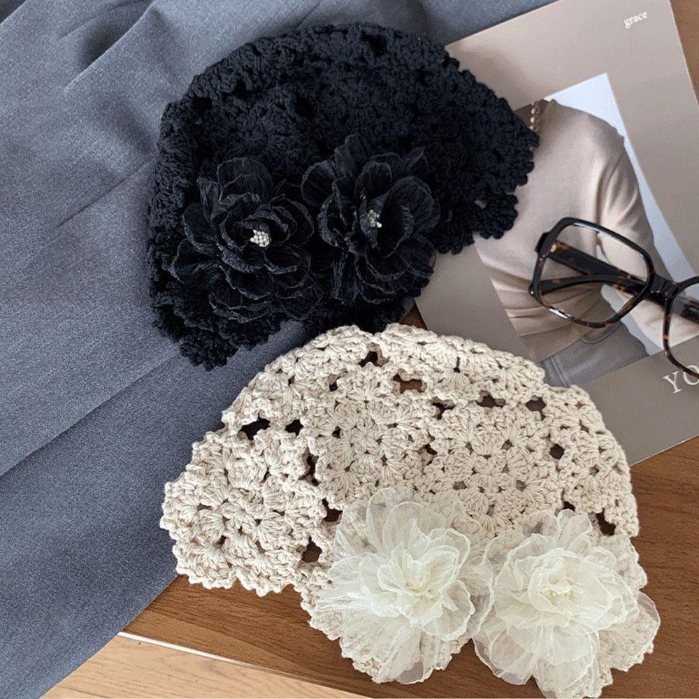 Flowers Beret Cap Lace Hand Woven Yarn Cap Casual Skullies Hat Autumn