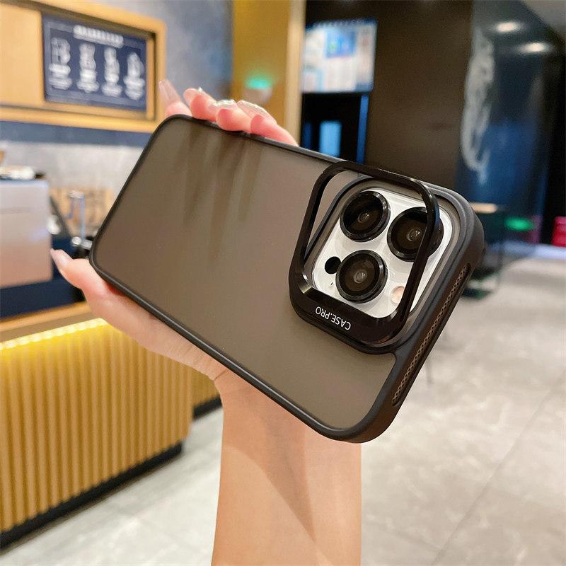 With Lesn Film Metal Camera Holder Stand Phone Case For iPhone 15 Plus 14 Pro Max 13 Pro 12 11 Shockproof Matte Lens Bracket Shell Cover