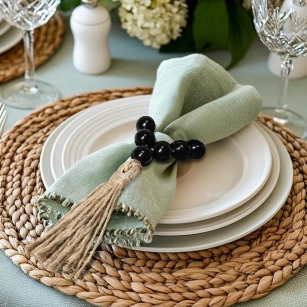 6 Pieces Farmhouse Style Wooden Bead Napkin Rings Adjustable with Tassel Napkin Buckle Handmade Napkin Holder Holiday Banquet