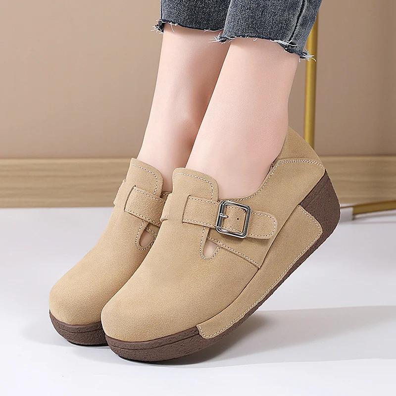 Women Flatform Moccasins Sneakers Ladies Slip-On Loafers Wedges Walking Shoes High Quality Thick Bottom Cow Suede Casual Shoes