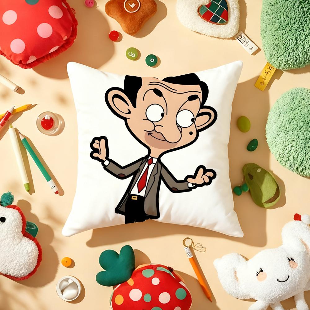 M-Mr. Beans Cartoon Pillow Case Plush Fabric Soft Double-Sided Printed Sofa Warm Winter Home Gift Cushion Cover