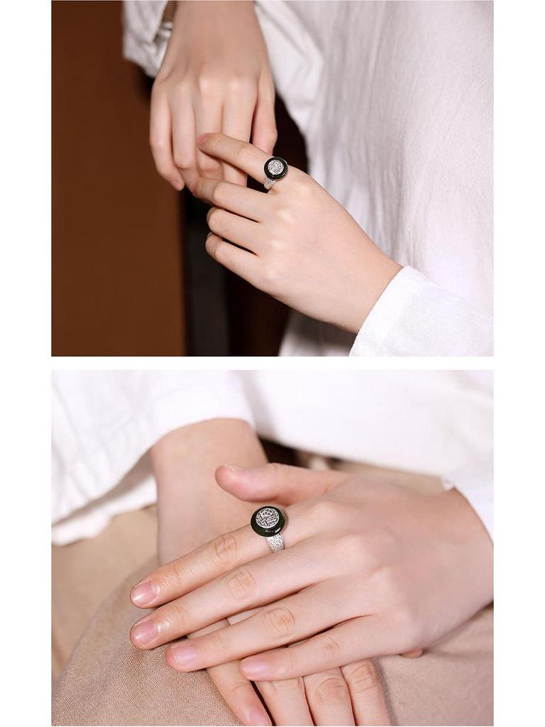 Retro Gilt Openwork Ruyi Ring: Natural Imitation Hetian Jade Peace Buckle with Auspicious Fu Character and Cloud Design for Women