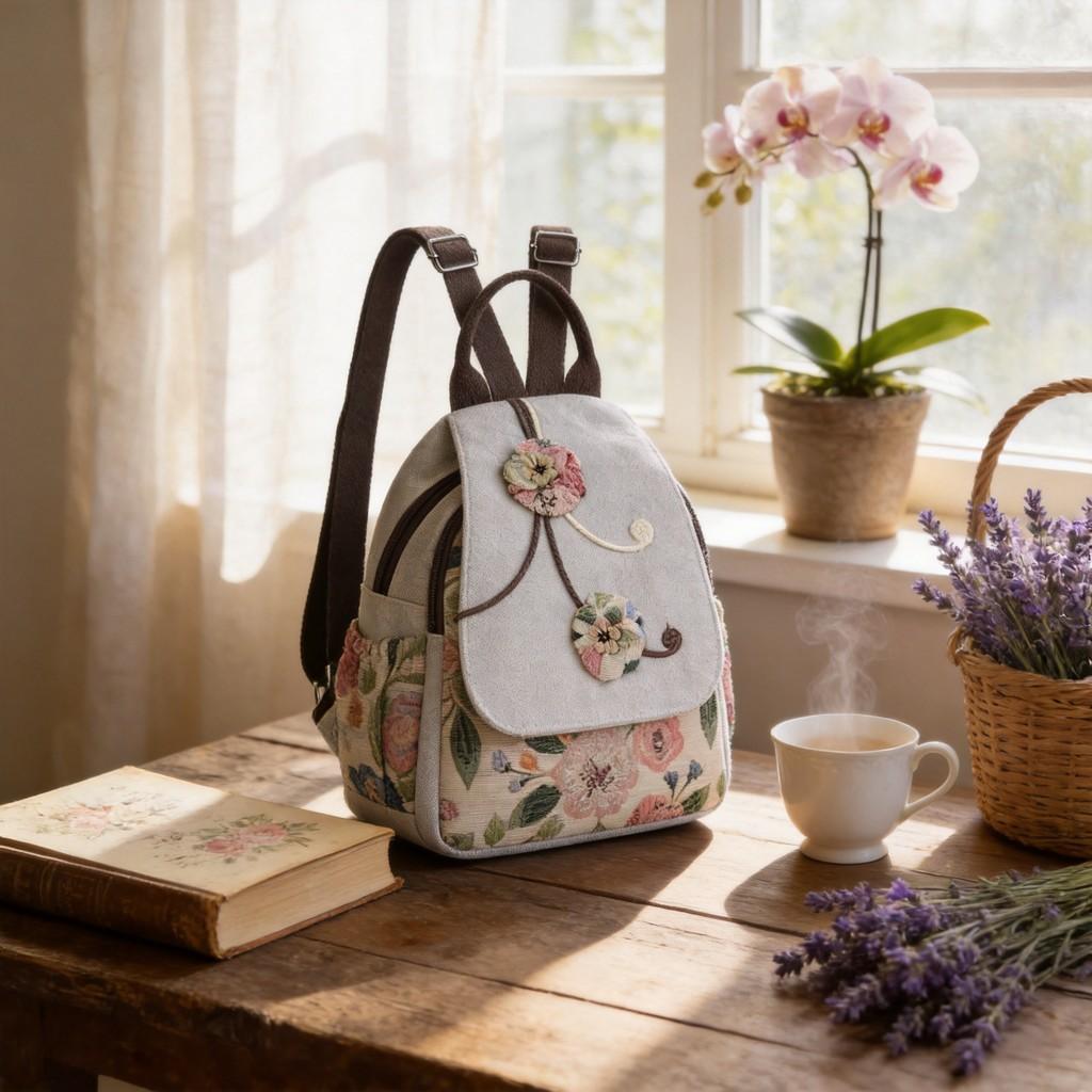 Ethnic Embroidered Canvas Backpack For Women With Floral Design And 15in Laptop Storage For Casual Travel And School