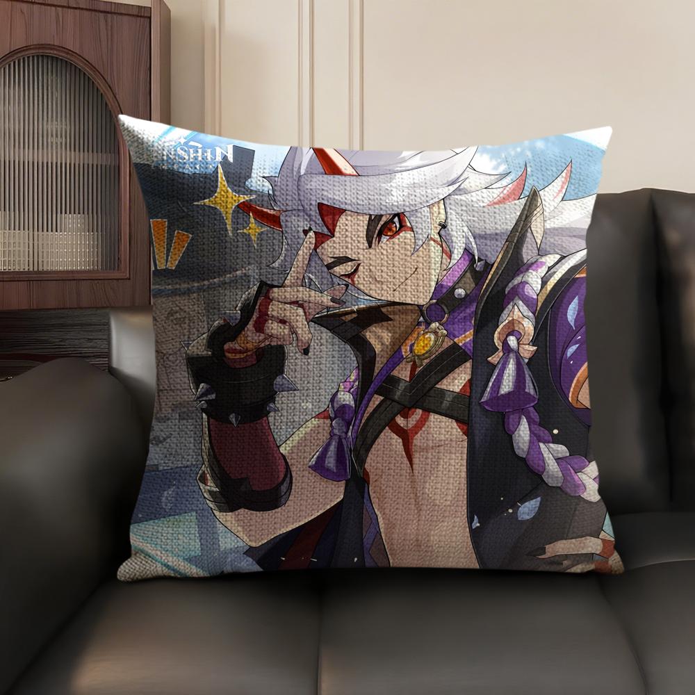 Arataki Itto Genshin Impact Cute Cushion Cover Natural Linen Organic Fabric DoubleSided Printing Sofa Home Decor Pillow Case
