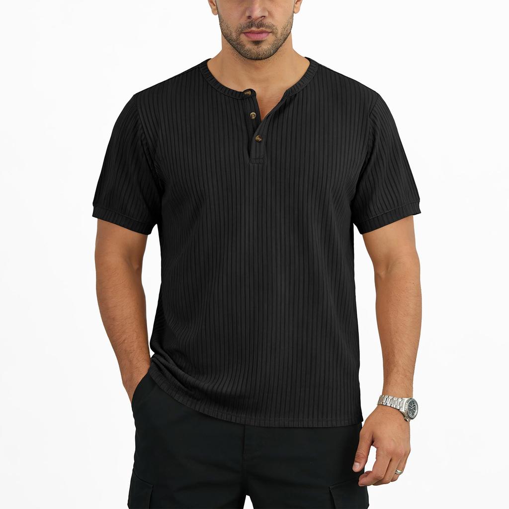 Men's Summer Short Sleeve Henley Shirt Ribbed Texture Button Front Casual Breathable Lightweight T-Shirt